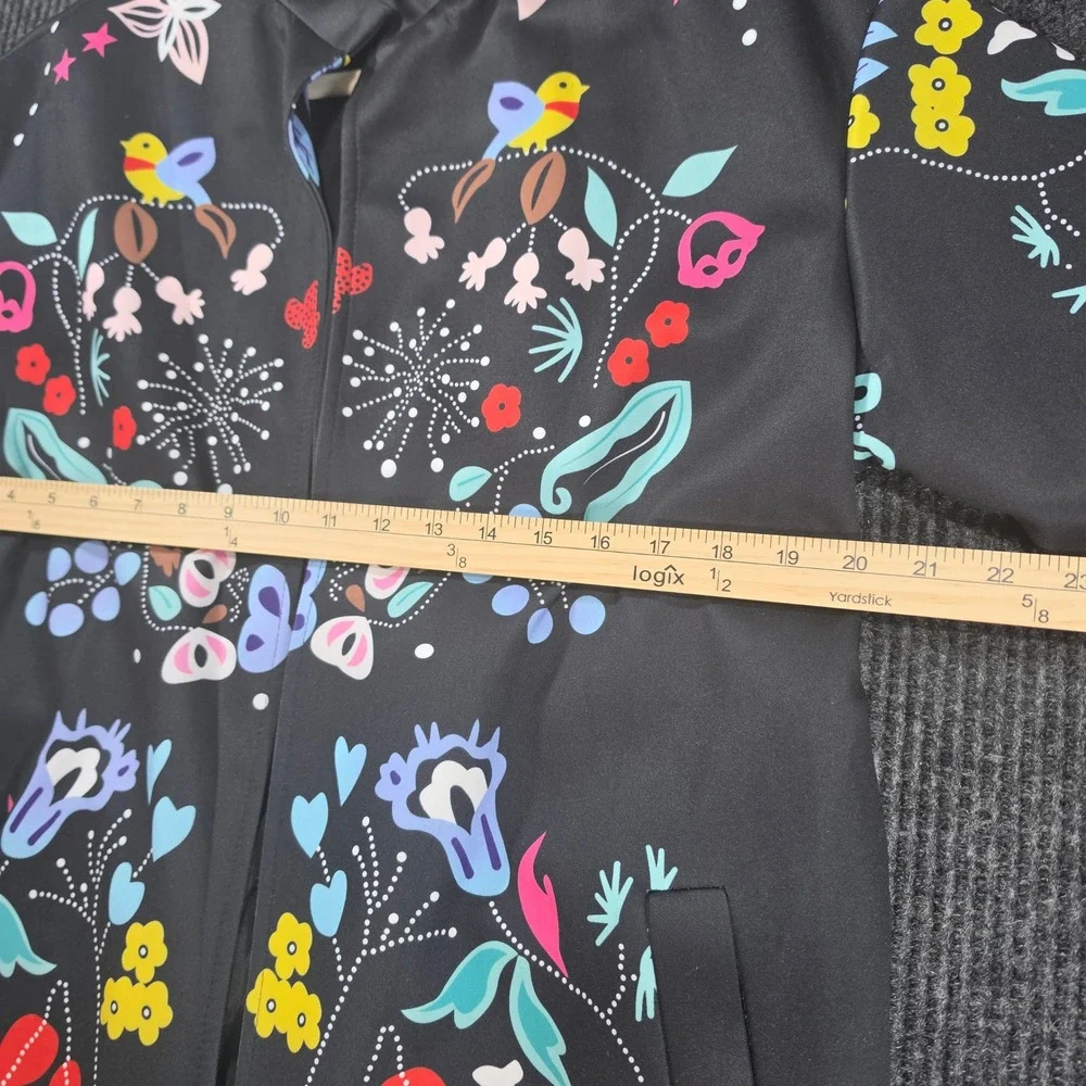 Eva Franco Floral Bird Print Coat Womens Large Black Excellent Lined Back Slit